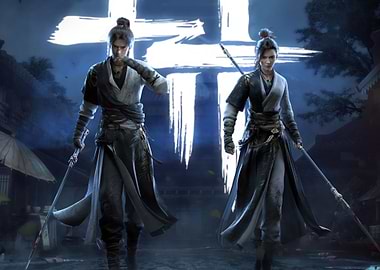 Two Warriors with Spears in Dark Setting