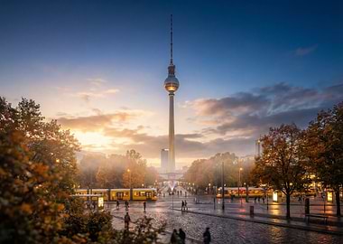 Berlin cityscape at dusk with TV tower