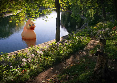 Giant Rubber Ducky in a Pond