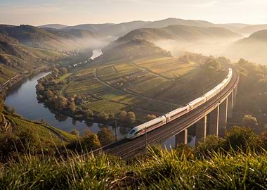 Train on Bridge over River Valley