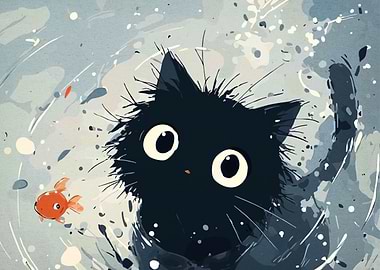 Black Cat and Goldfish