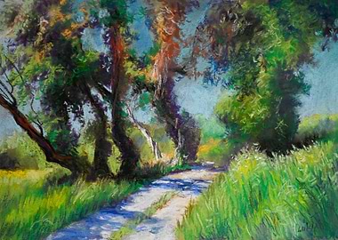 Pastel Landscape with Path and Trees