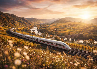 High-Speed Train Through Vineyard Landscape
