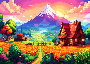 Colorful Farmhouse Landscape with Mountain View