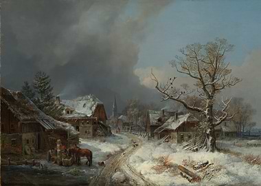 Winter Village Scene Painting