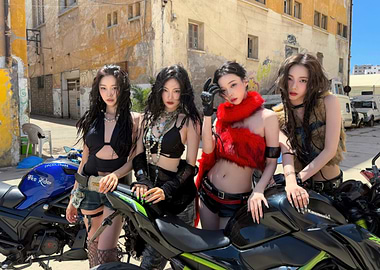 Four Women with Motorcycles in Urban Setting