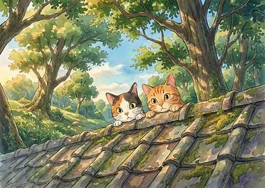 Curious Kittens on Mossy Roof