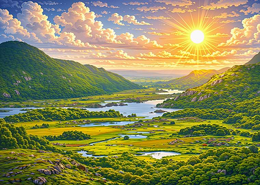 Lush Green Valley at Sunset