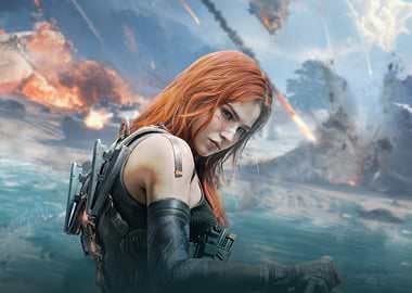 Female Warrior in War-Torn Landscape