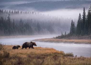 Grizzly Bear and Cub by River
