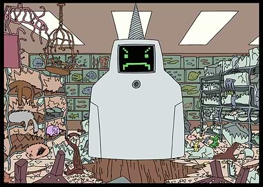 Robot with Angry Face in Messy Room