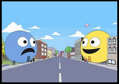 Cartoon Cityscape with Emotional Spheres