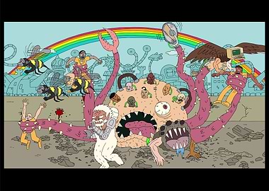 Surreal Battle Scene with Monster and Heroes