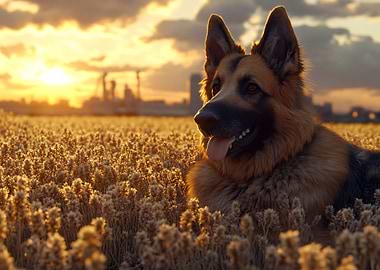 German Shepherd in Golden Wheat Field