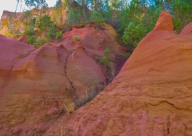 Photography of Provencal Colorado in France with Ochre Cliffs and Green Trees