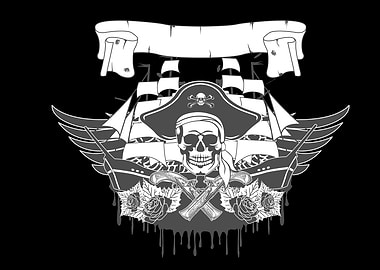 Pirate Skull with Ship and Guns