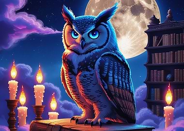 Wise Owl on Book with Candles