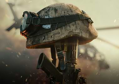 Military Helmet and Rifle Memorial