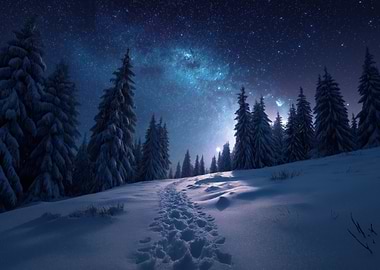 Winter Night Landscape with Milky Way