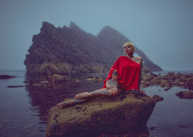 Tattooed Woman in Red on Rocks