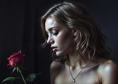 Woman with Rose in Dark Setting