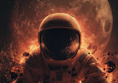 Astronaut in Space with Burning Moon