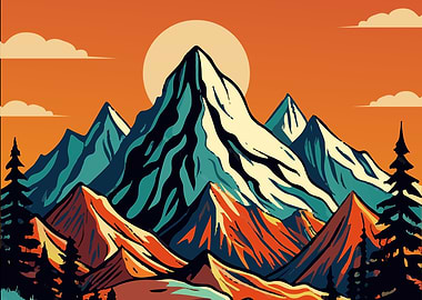 Mountain Landscape with Sunset Illustration