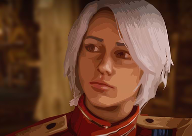 Woman with White Hair in Red Uniform