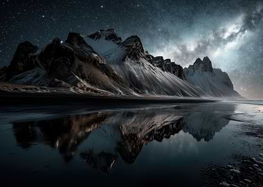 Mountain Reflection Under Starry Night Sky