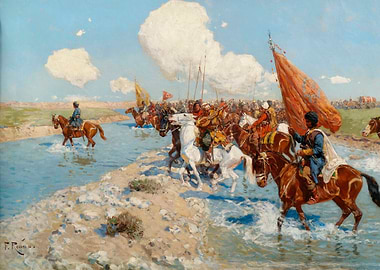 Circasian horsemen cross a river