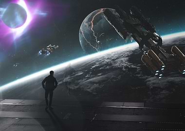 Man on platform in space scene