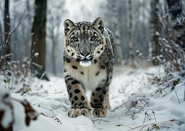 Snow Leopard in Winter Forest