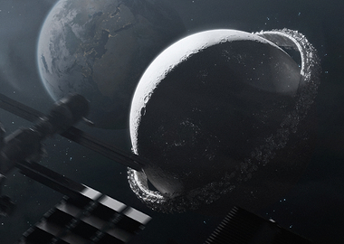 Ringed Moon and Earth in Space