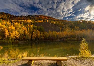 Autumn Lake View with Wooden Bench, Poland