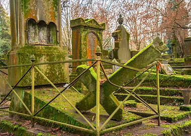 Mossy Cemetery Scene with Fallen Cross