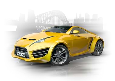 Yellow Sports Car with Cityscape Backdrop