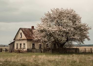 Old House with Blossoming Tree