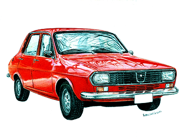 Red Renault 12 Car pen drawing