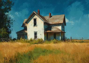 Old Farmhouse in Field Painting