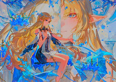 Anime Elf with Blue Flowers