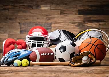 Assorted Sports Equipment on Wooden Surface