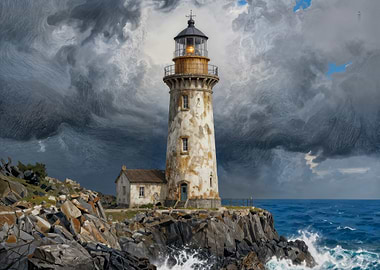 Lighthouse on Rocky Coast Under Stormy Sky