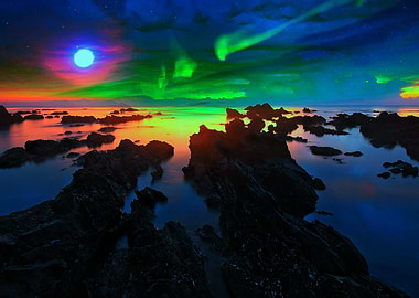 Aurora Borealis over Rocky Coastline
