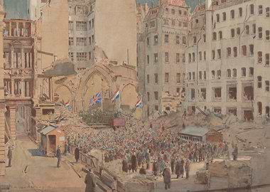 Post-War City Gathering Painting