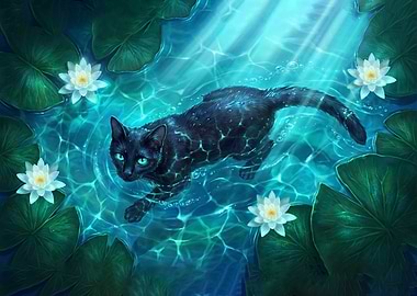Ethereal Black Cat Swimming in Bioluminescent Turquoise Water Lily Pond