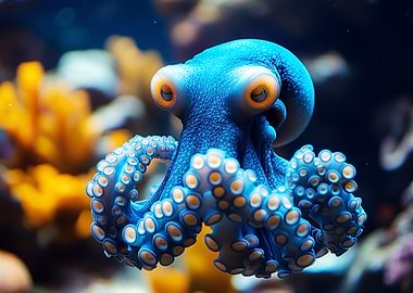 Cute Blue Octopus in Coral Reef