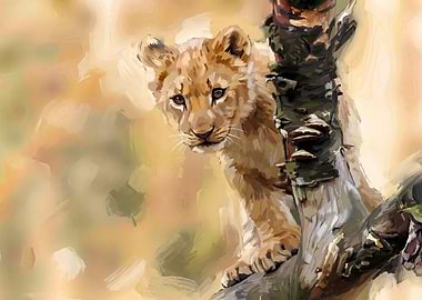 Lion Cub in Tree Painting
