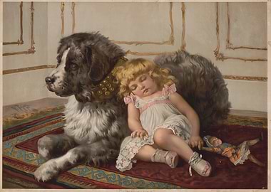 Sleeping Child with Dog Painting