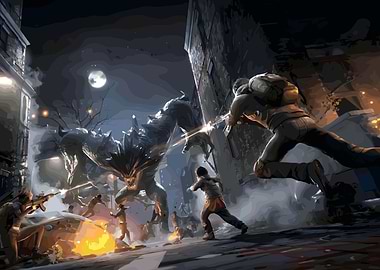 Monster Attack in City at Night