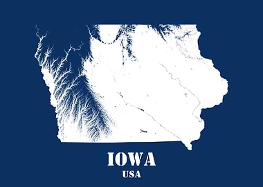 Iowa USA State Minimalist White Topographic Contour Relief Map featuring terrain on navy blue background